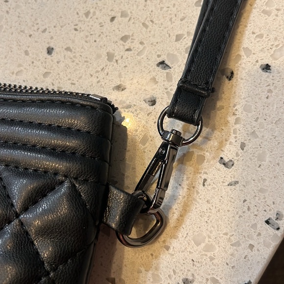 Faux double CC quilted black leather clutch wristlet envelope purse bag silver - Picture 5 of 8